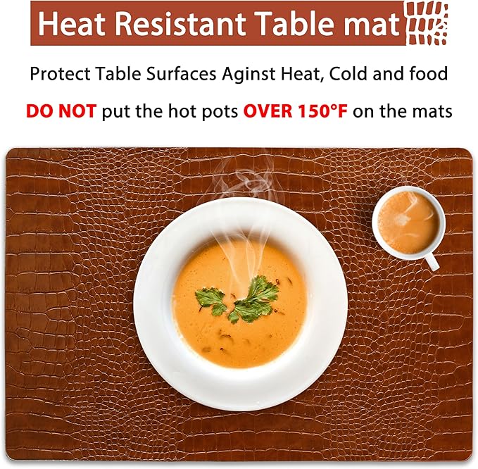 Set of 6 Faux Leather Placemats, PU Table Mats, Waterproof, Stain Resistant, Heat Resistant, Easy to Clean for Kitchen Dining Table,Conference Table