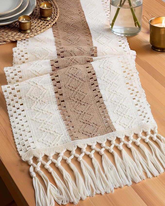 Pureegg Boho Table Runner 12 x 36 Inch, Woven Tassel Design | Dining Table by Pureegg