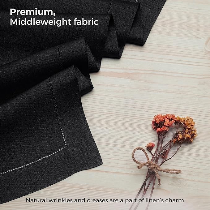 D'Moksha Homes Linen Black Table Runner 48 Inches - Classic Hemstitch, 100% Pure Linen Coffee Table Runner 14 x 48 Inch Ideal for Dresser Tables - Spring, Easter