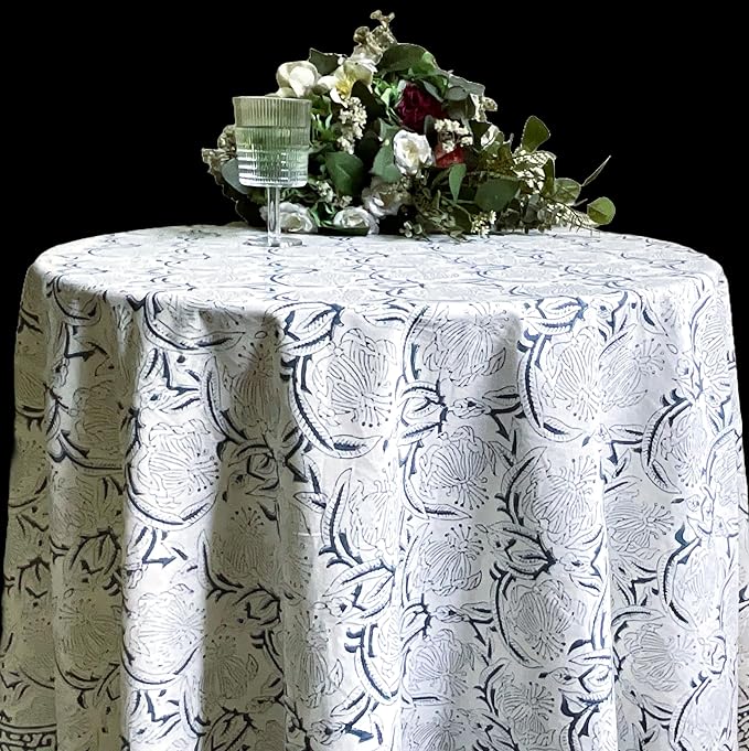 ATOSII Santorini 100% Cotton Round Boho Fall Tablecloth, Handblock Floral Table Cloth Linen for Kitchen Dining I Parties Wedding Outdoors Christmas Thanksgiving I Fall Home Decor 72" Inches Round
