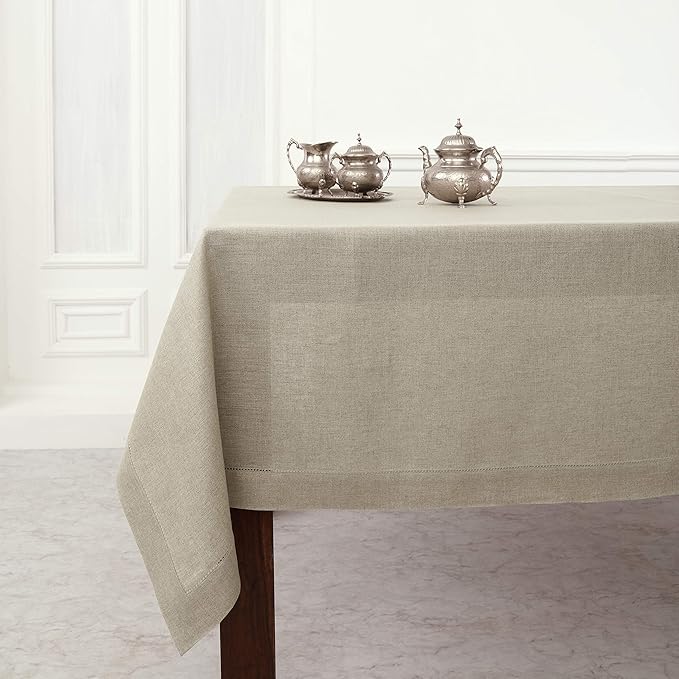 Solino Home Linen Tablecloth for Rectangle Tables 60 x 144 Inch - Classic Hemstitch 100% Pure Linen Natural Table Cloth - Machine Washable Cloth Tablecloth for Spring, Easter