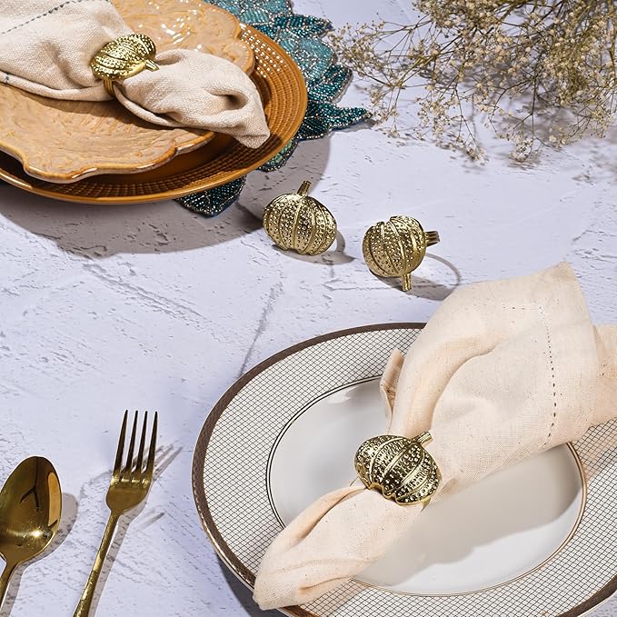 CLEENTABLE Napkin Rings Set of 12 - Pumpkin Elegant Napkin Holders Modern Serviette Buckles Metallic Adornment for Table Settings for Thanksgiving, Fall, Halloween & Holiday (Antique Gold)