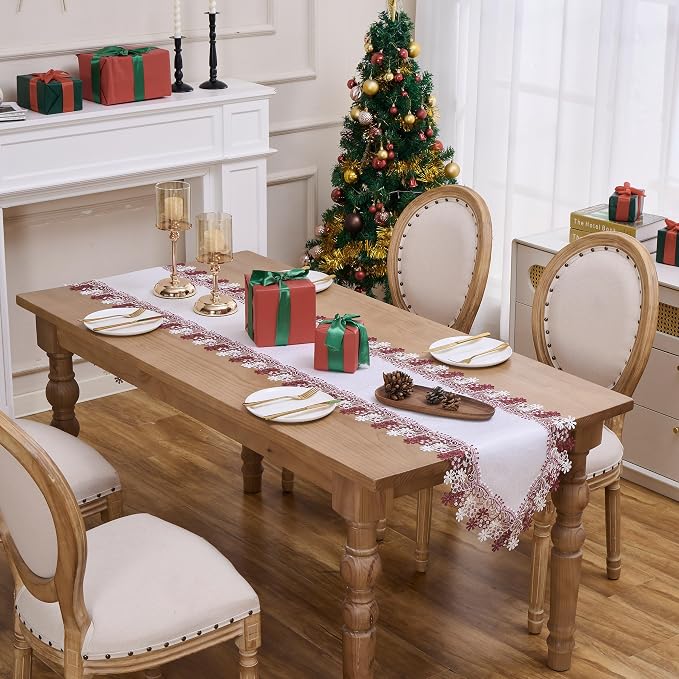 White Dark Red Floral Lace Table Runner Dresser Scarf | Christmas, Floral - Image 2