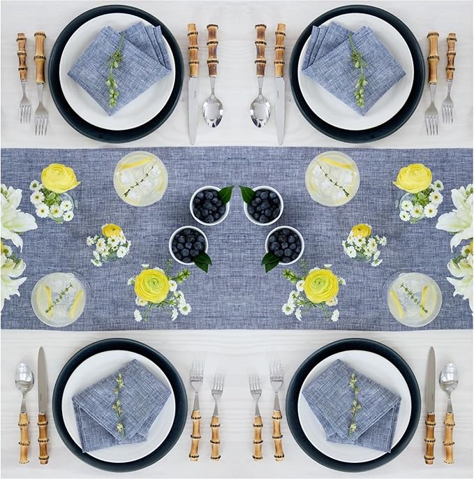 Solino Home Linen Short Table Runner 60 Inches - Athena, 100% Pure Linen Chambray Indigo Table Runner 14 x 60 Inch Ideal for Dresser and Coffee Tables - Winter, Spring, Easter