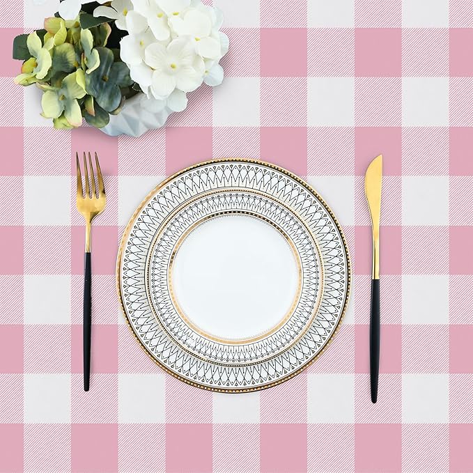 misaya Rectangle Waterproof Vinyl Table Cloth, Buffalo Flannel Backed Tablecloth, Wipeable Plastic Table Cover for Valentine's Day, Dinner, Kitchen, Outdoor (60" x 120", Pink and White)
