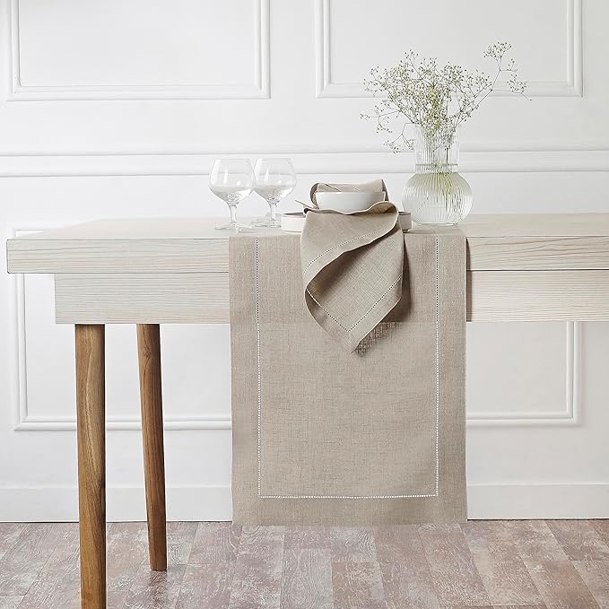 D'Moksha Homes Linen Natural Table Runner 60 Inches - Classic Hemstitch, 100% Pure Linen Coffee Table Runner 14 x 60 Inch Ideal for Dresser Tables, Valentines, Spring, Easter