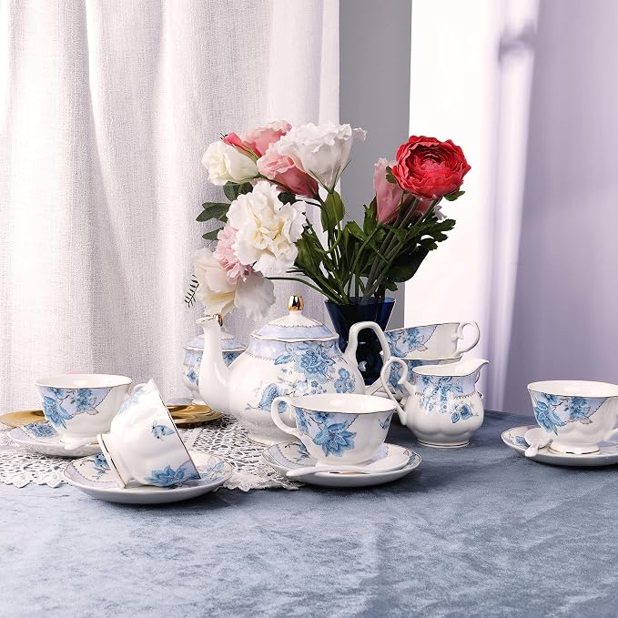 fanquare Blue Flowers Porcelain Tea Set, Tea Cup and Saucer Set Service - Image 5