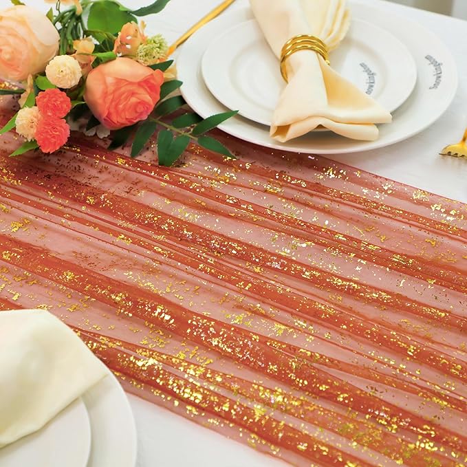 Snowkingdom 10 FT Fall Thanksgiving Table Runner Terracotta Gold Table Runner by Snowkingdom