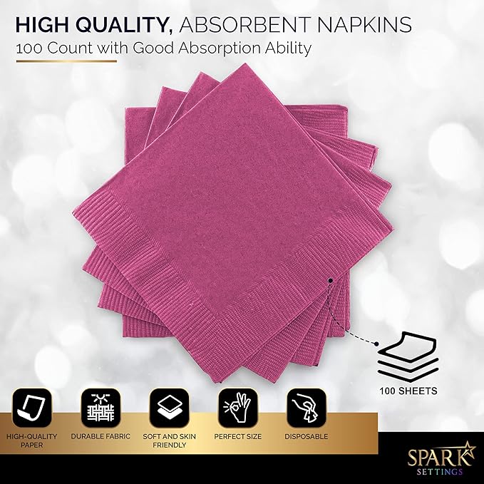 100 Pack Bright Pink Beverage Napkins, Big Party Pack, 2 Ply, Ideal for Wedding, Party, Birthday, Dinner, Lunch, Cocktails. (5” x 5”) by Amcrate