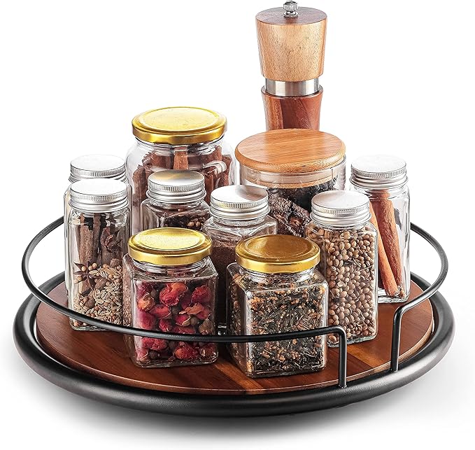 10" Acacia Wood Lazy Susan Turntable with Metal Frame for Table Top - Wooden Serving Tray Rotating for Kitchen Counter - Centerpiece Organizer Storage Food Bin Container for Pantry, Fridge, Cabinet
