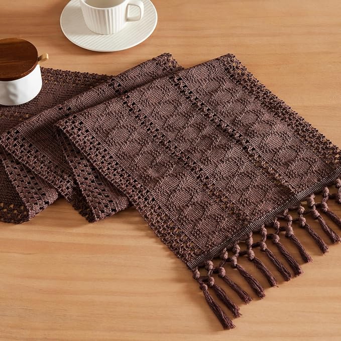 Macrame Style Boho Table Runner, 12x90 Inch Chocolate | Woven Boho Table Runner by ZEEMARTONLINE