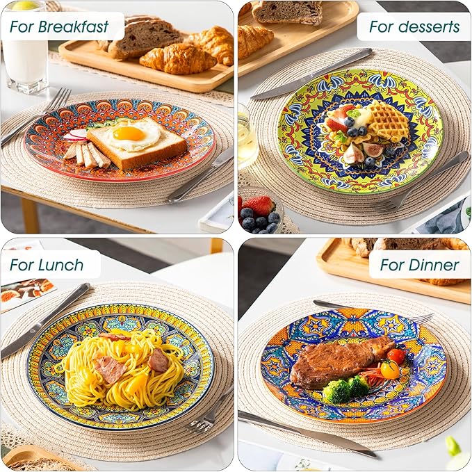 vancasso Bohemian Dinner Plates Set of 6, 10.5 Inch Ceramic Kitchen Plates for Dinner, Colorful Printed Dishes for Dining, Microwave & Dishwasher Safe Plate Set, Series KRVI
