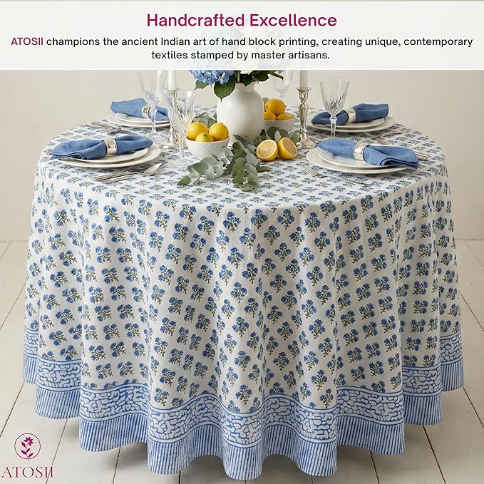 ATOSII Gulbahar Blue 100% Cotton Fall Round Tablecloth, Handblock Print Floral Table Cloth for Kitchen Dining Linen I Thanksgiving, Christmas, Weddings, Outdoors, Parties I 72" Inches Diameter