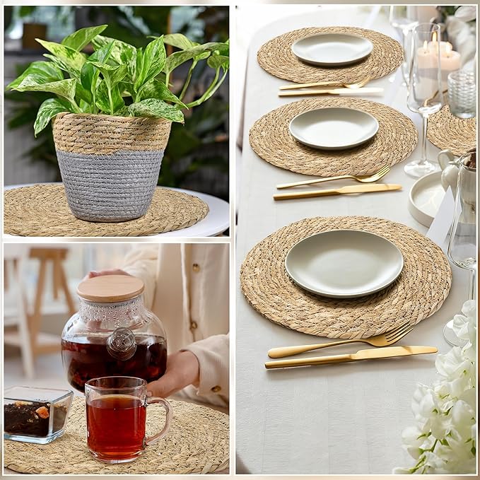 Elcoho 20 Pieces Round Woven Placemats 13.8 Inch Boho Rattan Placemats Farmhouse Braided Place Mats Woven Plate Chargers Rustic Wicker Table Mats for Dining Table