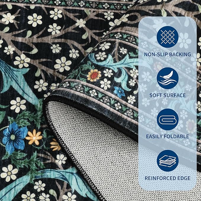 GarveeHome Floral Area Rugs 5x7, Washable Rug for Living Room, Bedroom, Low Pile Non Slip Stain Resistance Indoor Boho Carpet Mat for Farmhouse, Dining Room, Office, Black