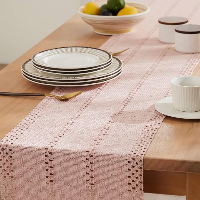 Macrame Style Boho Table Runner, 12x36 Inch Light Pink | Woven Boho Table Runner - Image 5