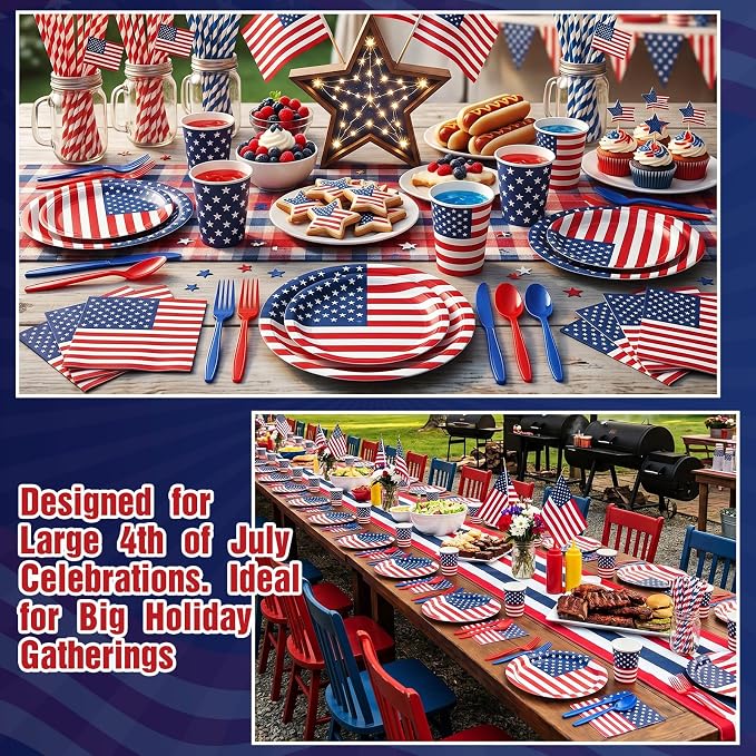450 Pcs 4th of July Patriotic Tableware Set Decorations, Serves 50 | USA Red - Image 5