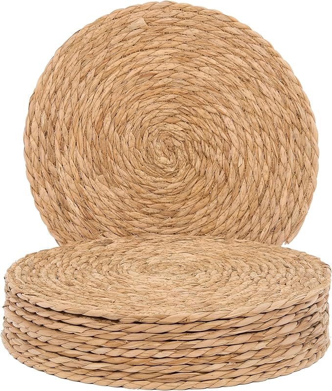 GENMOUS Woven Placemats Set of 10, 13.5" Round Placemats Natural Water Hyacinth Boho Placemat,Farmhouse Rattan Chargers for Dinner Plates,Rustic Braided Wicker Table Mats for Dining Table,Home,Wedding