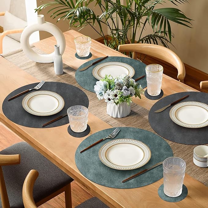Round Placemats and Coasters Set of 8, Washable Reversible Faux Leather Placemats Cowhide Pattern Place Mats Wipeable Non-Slip 15 inch Round Kitchen Dining Table Mats (Gray Blue Green, 8)