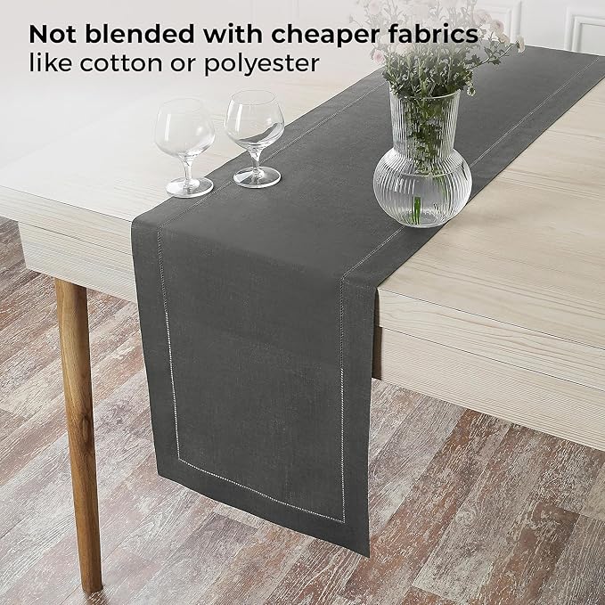 D'Moksha Homes Linen Charcoal Grey Table Runner 108 Inches Long - 100% Pure Linen 14 x 108 Inch Table Runner for Spring, Easter - Classic Hemstitch