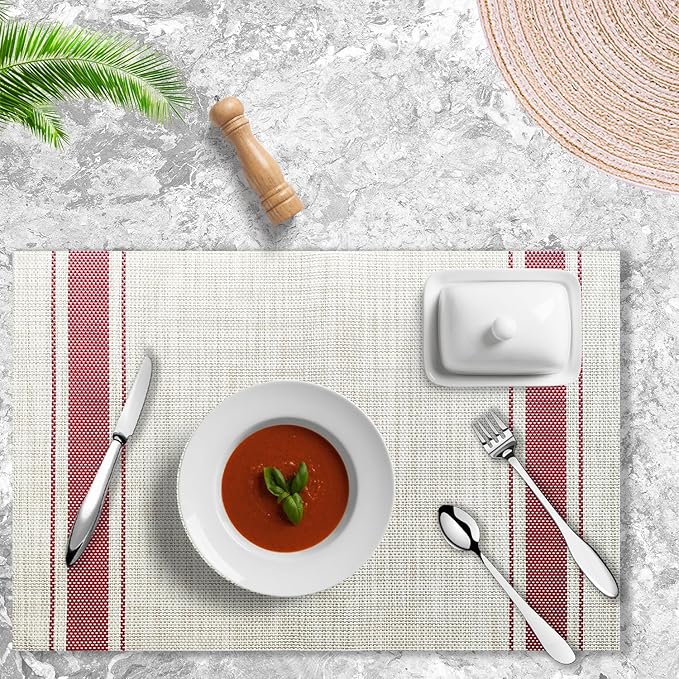 Placemats Set of 4 Vinyl Washable Red Stripe Placemats, 18"x12" Wipeable Heat-Resistant Non-Slip Easy Clean Table Mats Ideal for Dining Table Table Runner and Outdoor (4, Red Wide Stripe)