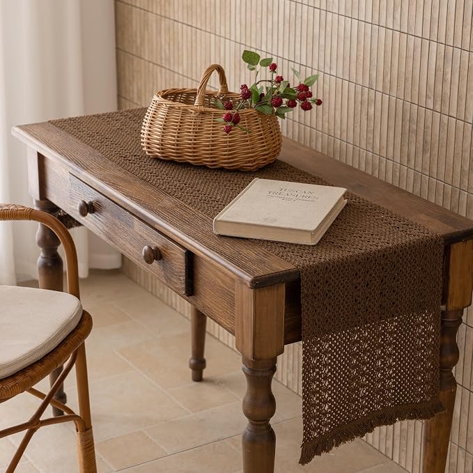 Fall Thanksgiving Boho Macrame Brown Table Runner 13x48 Inch | Woven Burlap - Image 3