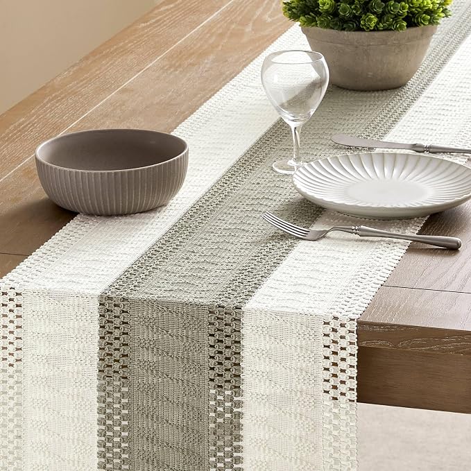 Macrame Style Bicolor Stitching Table Runner 14x90in Dark Sage | Woven Boho - Image 4