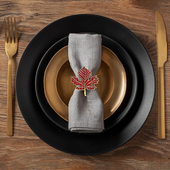 Decozen Set of 8 Red Gold Napkin Rings in Leaf Design, Festive, Table Decor Setting for Holiday, Wedding, Birthday, Kitchen, Home Decor, Housewarming Gift - Thanksgiving & Christmas Gift Decoration