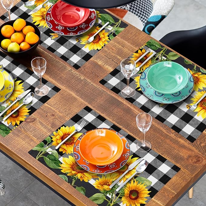 Sunflower Placemats Set of 4 - Buffalo Plaid Place Mats 12x18 Farmhouse Table Mats Spring Summer Kitchen Mats for Party Dining Table
