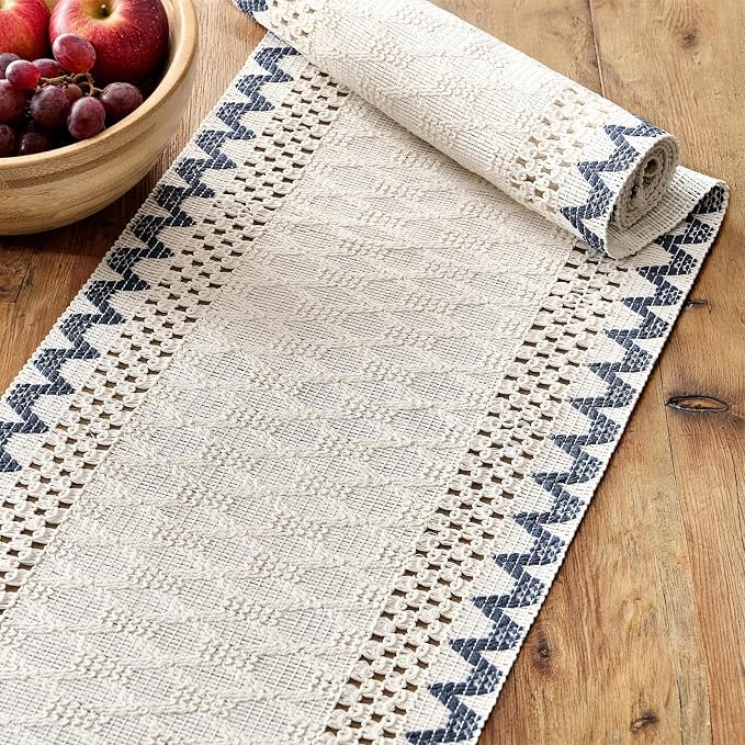 Macrame Side Trim Boho Woven Table Runner, Dusty Blue 12x36 Inch | Crochet - Image 4