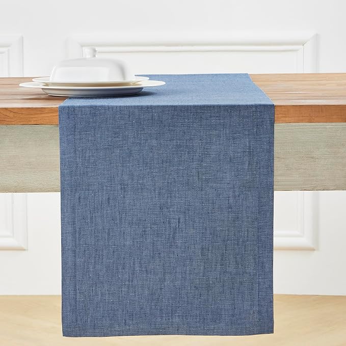 Solino Home 100% Pure Linen Table Runner Blue Denim, Athena 14 x 132 in | Table - Image 2