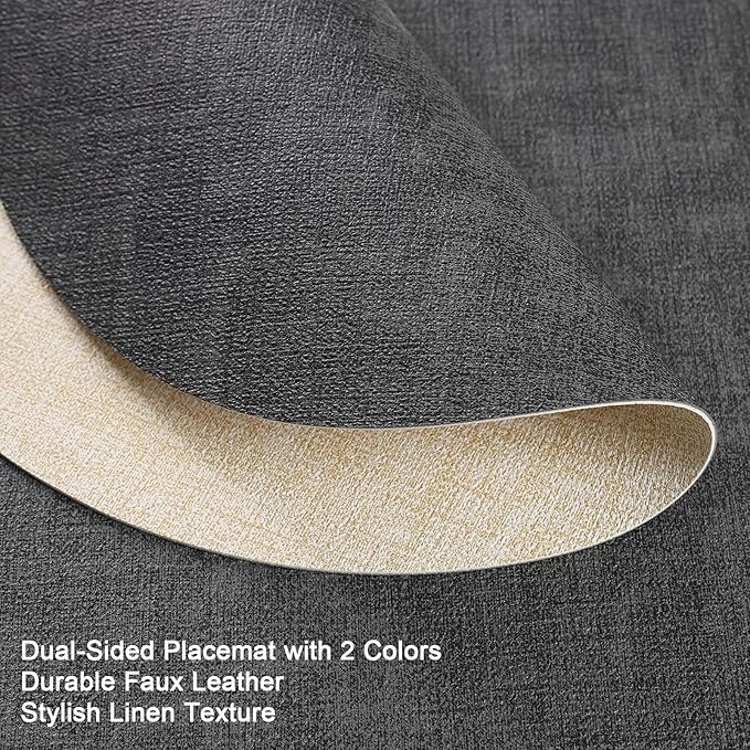Myir JUN Round Placemats, Dual Sided Faux Leather Place Mats Set of 4 Indoor/Outdoor Non-Slip Washable Table Mats (Gray Cream-White, Set of 4)