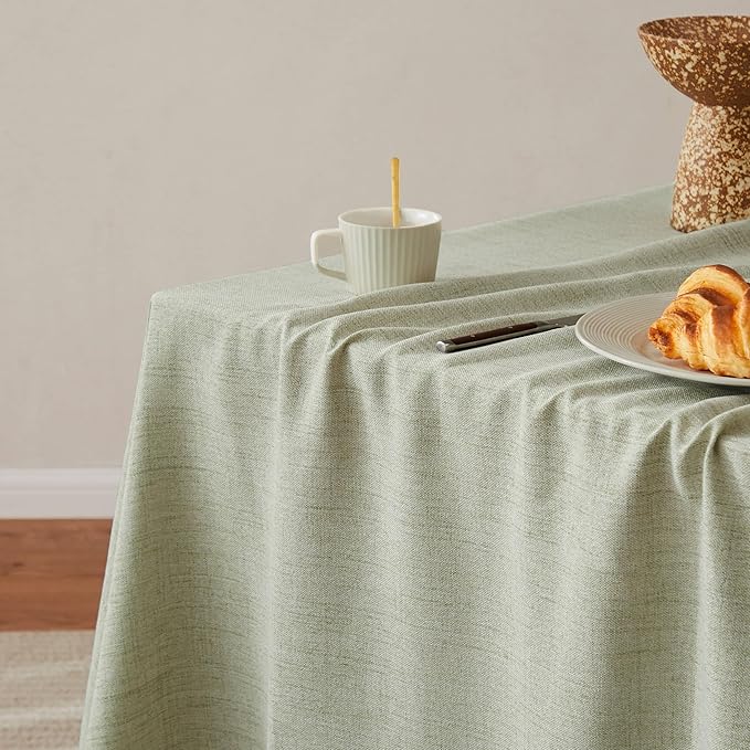 Linen Tablecloth with Tassels, Farmhouse Style Green Tablecloth, Water Resistant Burlap Tablecloths for Rectangle Table, 52x70 Inch Green