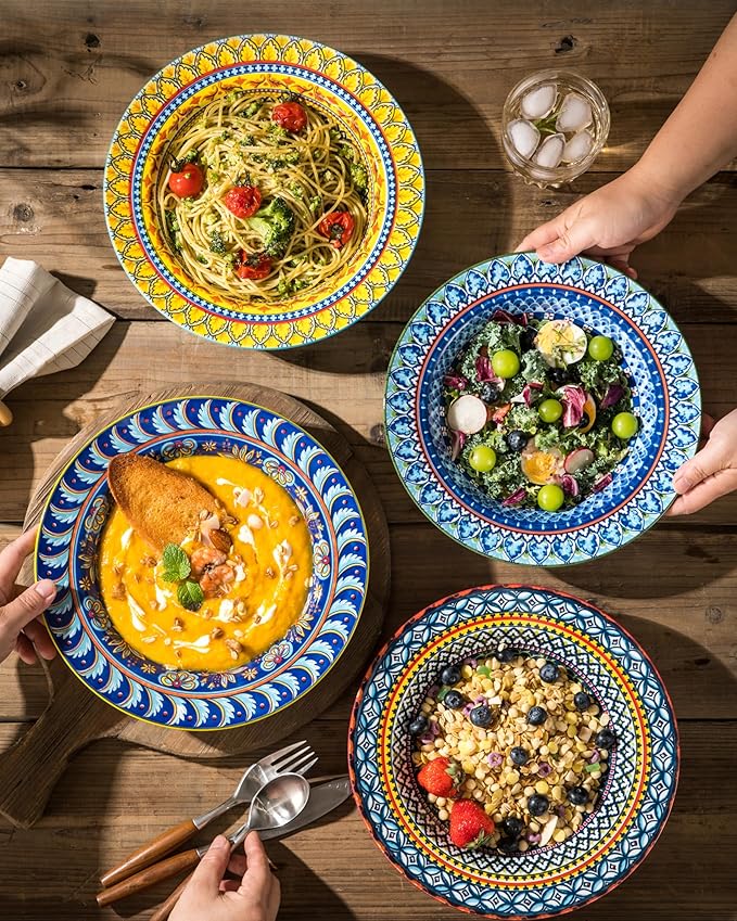 Soup and Pasta Bowls Set of 4-18 Oz Wide Rim, Porcelain Serving Bowls for Kitchen, Deep Dinner Plates - Microwave & Dishwasher Safe - Bohemian Style