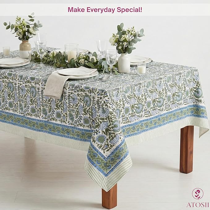 ATOSII Clover Blue 100% Cotton Rectangle Spring Tablecloth, Handblock Floral Linen Table Cloth for Kitchen Dining Table I Parties Weddings Outdoors Easter Home Decor 72 X 120 Inches I 10 Seater