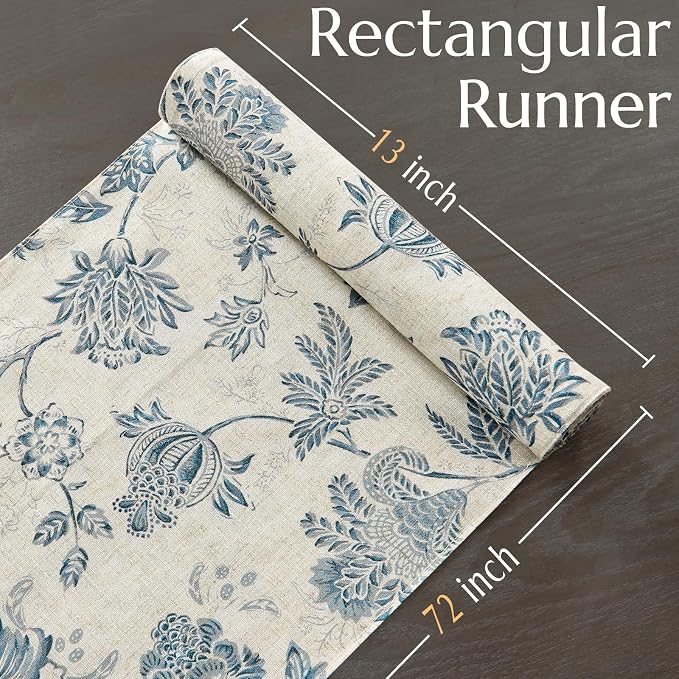 jinchan Blue Floral Linen Table Runner 13 x 72 Inch Farmhouse | Solid color - Image 5