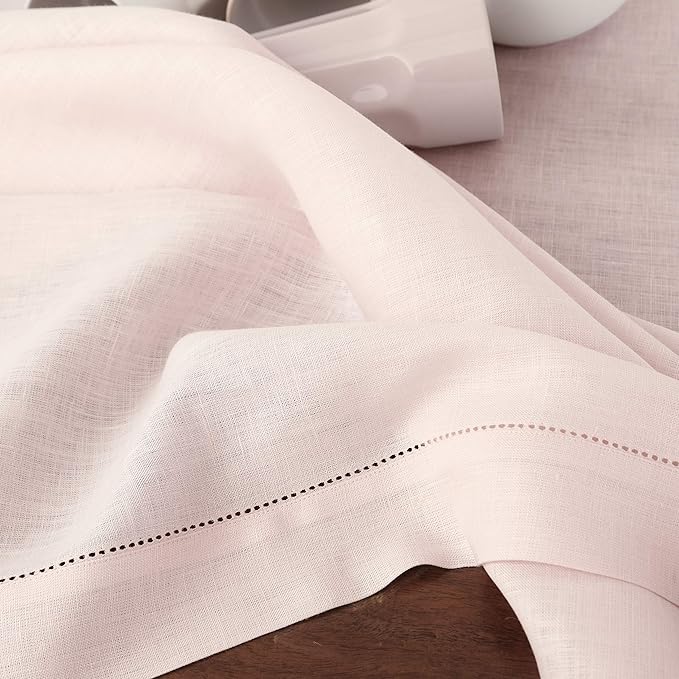 Solino Home Linen Tablecloth for Rectangle Tables 60 x 90 Inch - Classic Hemstitch 100% Pure Linen Pink Table Cloth - Machine Washable Cloth Tablecloth for Valentines, Spring, Easter