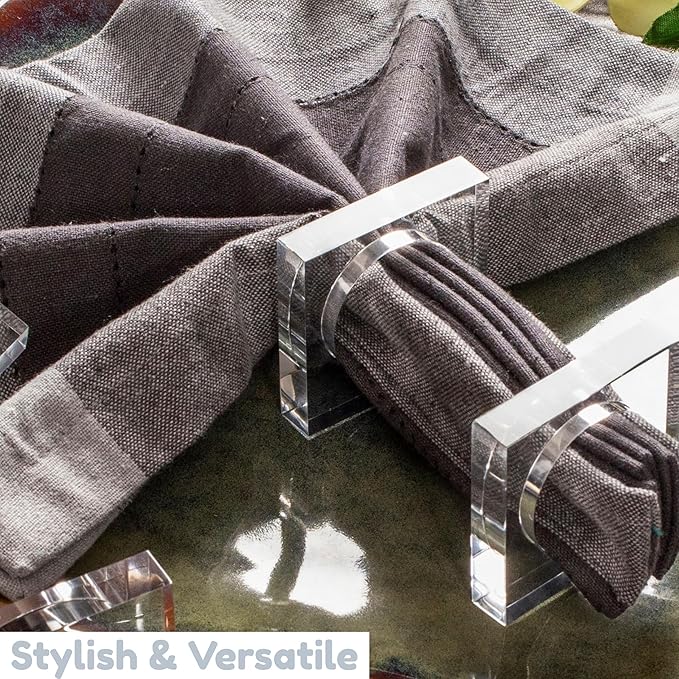 CLEENTABLE Acrylic Set of 12 Square Beveled Napkin Ring - Cloth Napkin Rings Serviette Buckles for Wedding, Birthday, Banquet, Table Décor, Home Décor, Gifting (Transparent)
