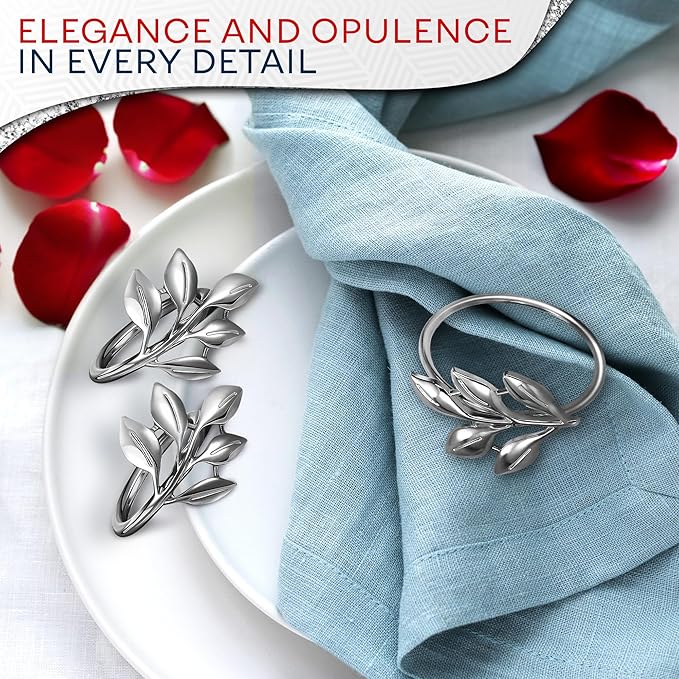 Set of 20 Silver Valentine Napkin Rings - Decorative Silver Napkin Rings Set | Napkin Ring Holders with Elegant Leaf Design for Weddings, Parties & Special Occasions, Romantic Valentine Table Decor