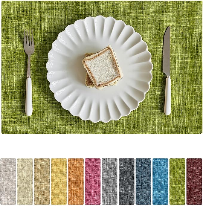 Softalker Faux Linen Placemats Set of 4-12 x 18 Inch, Heat Resistant Double Layered Durable Burlap Farmhouse Place Mats, Non-Slip Washable Rustic Table Mats for Dining, Kitchen, Party（Lime Green