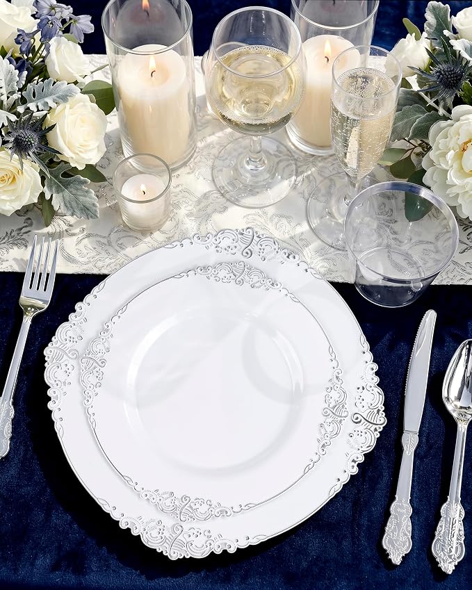 100 Pcs White Silver 7.5" Dessert Plates | 7.5" Disposable Dessert Plates - Image 4
