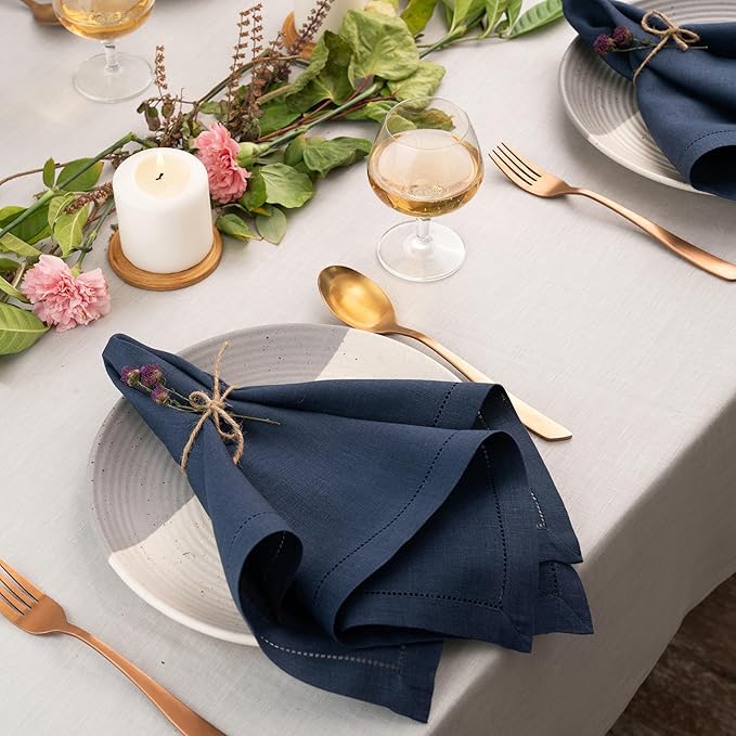D'Moksha Homes Navy Blue Linen Napkins Set of 4 - Classic Hemstitch 100% Pure Linen Hemstitch Dinner Napkins 20 x 20 Inch for Easter - Handcrafted and Machine Washable
