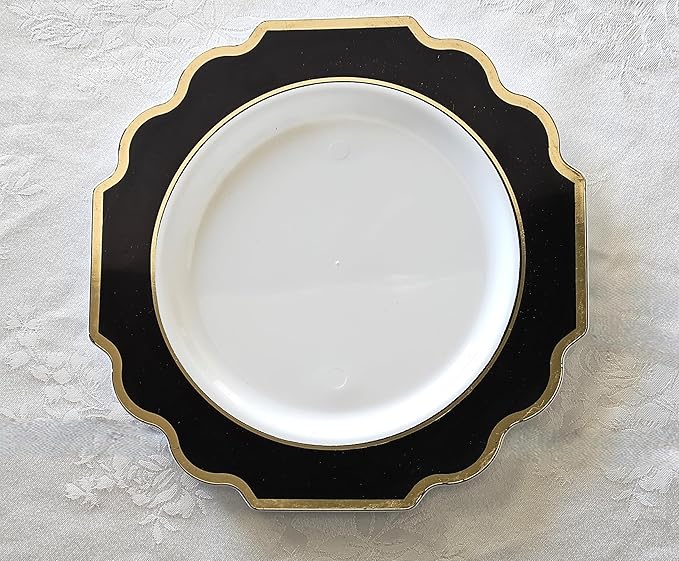 " OCCASIONS " 120 Plates Pack,(60 Guests) Heavyweight Premium Wedding Party Disposable Plastic Plates Set -60 x 10.5'' Dinner + 60 x 8'' Salad/Dessert (Imperial in Black & Gold)
