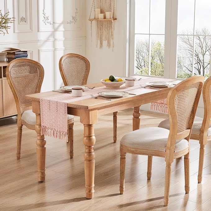 Macrame Style Boho Table Runner, 12x48 Inch Light Pink | Woven Boho Table Runner - Image 3