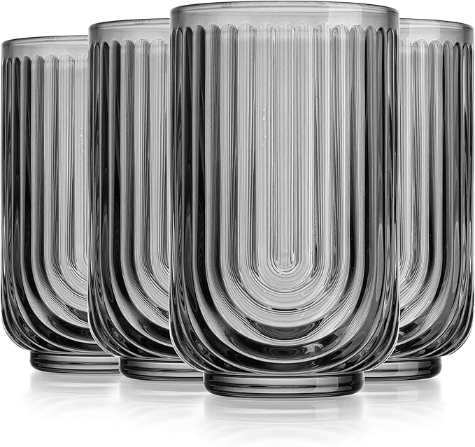 Glaver's Vintage Glassware Art Deco Glasse Ribbed Drinking Glasses U-Shape Arch Design Colored Cocktail Kitchen Tumblers Everyday Dinner Decorative Party (Smoke S/4 17oz)