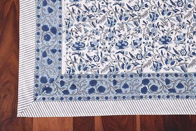 ATOSII Jodhpur Blue 100% Cotton Rectangle Tablecloth, Handblock Floral Linen Table Cloth for Kitchen Dining Table I Parties Wedding Outdoors I Home Decor 60 X 108 Inches