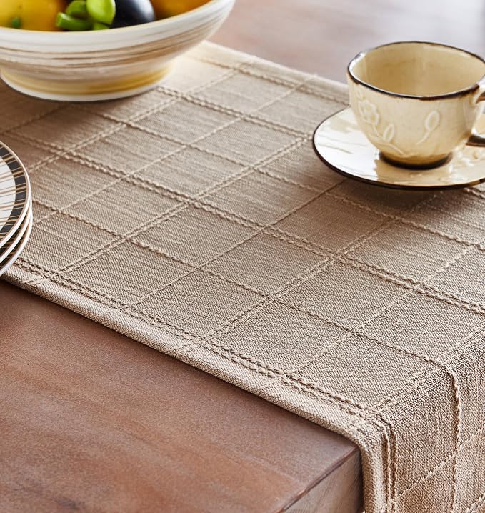 Linen Checked Farmhouse Table Runner, 13x108 Inches Taupe | Raised Grid Design - Image 5