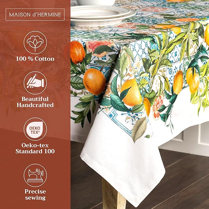 Maison d' Hermine Table Cloth Square Table 100% Cotton 60 x 60 Inches Tablecloth Reusable Decorative for Dining Room Farmhouse Home Valentines Day Decorations Spring Summer - Agrume