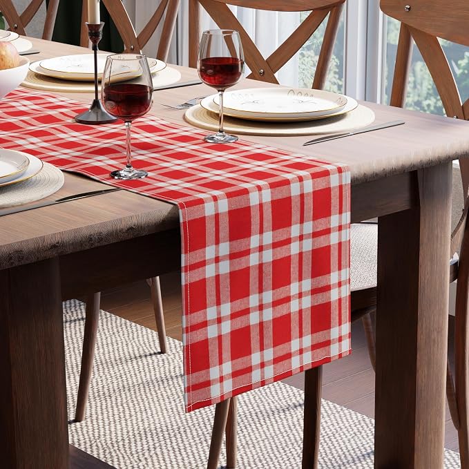 Encasa XO Table Runner, Woven Cotton Dining Runner 13"x59" | Franca Red Checks by EncasaXO