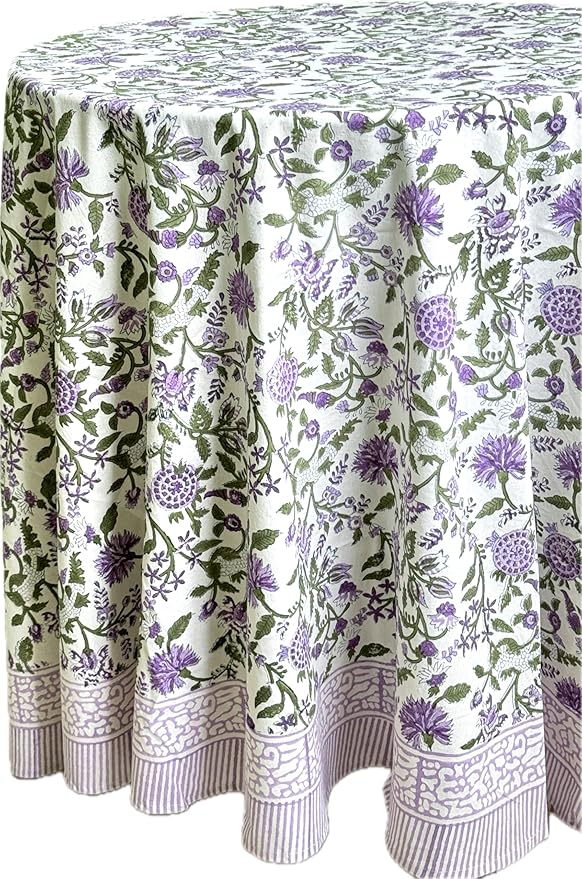 ATOSII Mahoka 100% Cotton Round Spring Summer Tablecloth, Block Print Floral Table Cloth for Kitchen Dining Linen I Parties, Weddings, OutdoorsI 72" Inches Round, 4 Seater